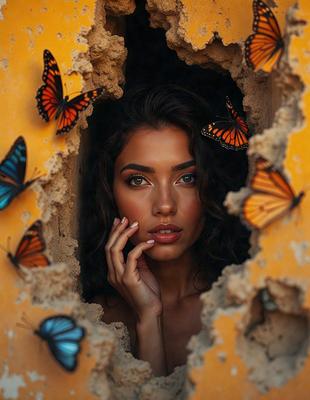 The primary subject of the image is a woman with long hair, who is posing for a picture. She is surrounded by a variety of butterflies, which are the main objects in the scene. The setting is a dirt wall, and the visual style appears to be a combination of a photo and digital art. The colors in the image are predominantly shades of brown and yellow, creating a warm and natural atmosphere.